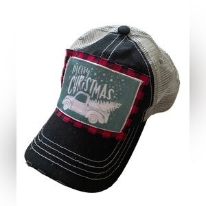 Merry Christmas Trucker Style Hat • Buffalo Plaid • Black with Mesh Snapback OS